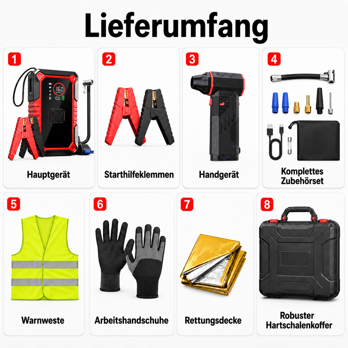 3-in-1 Auto-Starthilfe mit Kompressor & Handstaubsauger