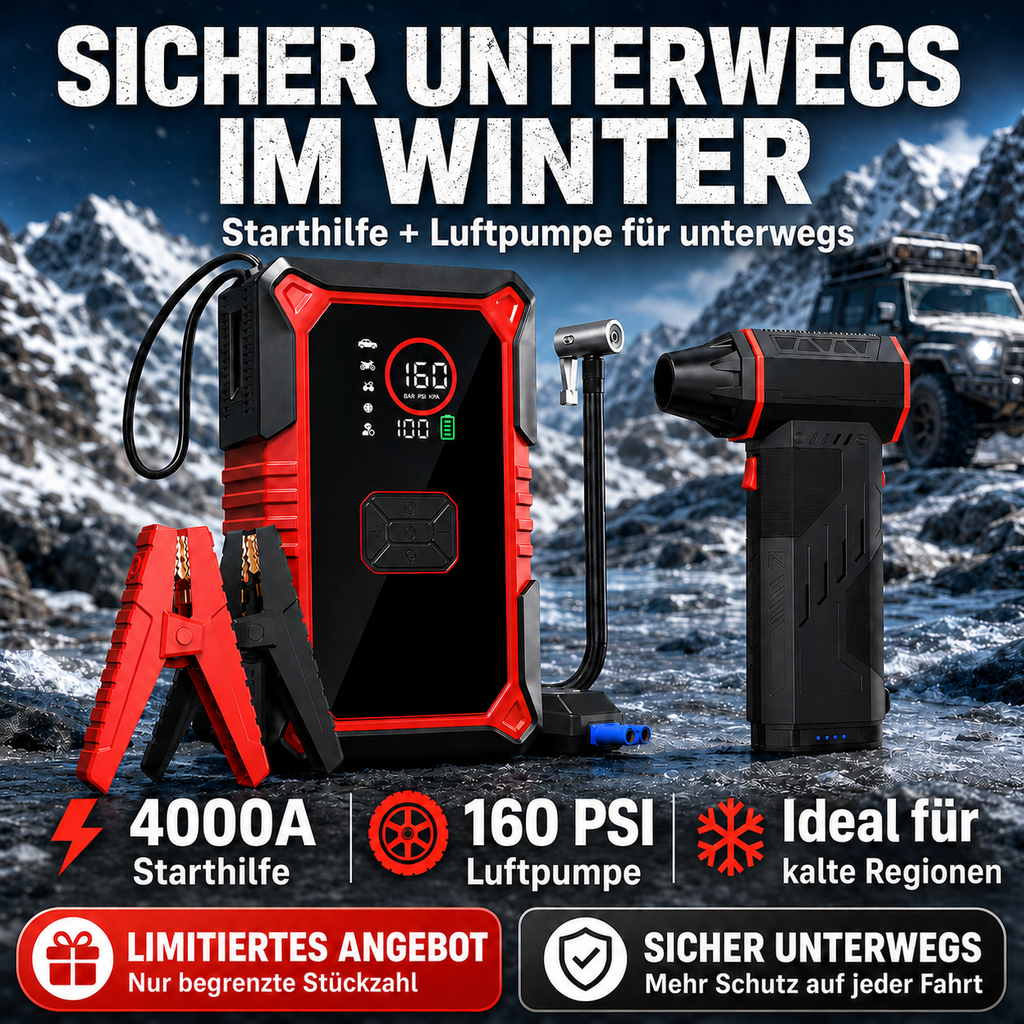 **Auto-Starthilfe mit 160-PSI-Kompressor & Akku-Handstaubsauger**