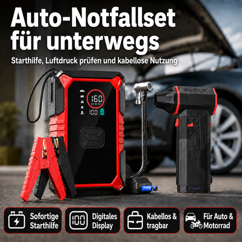 **Auto-Starthilfe mit 160-PSI-Kompressor & Akku-Handstaubsauger**