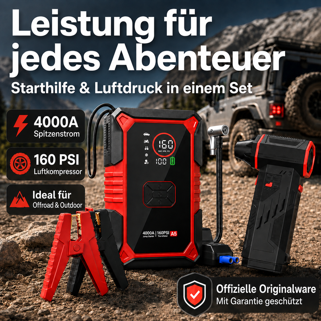 **Auto-Starthilfe mit 160-PSI-Kompressor & Akku-Handstaubsauger**
