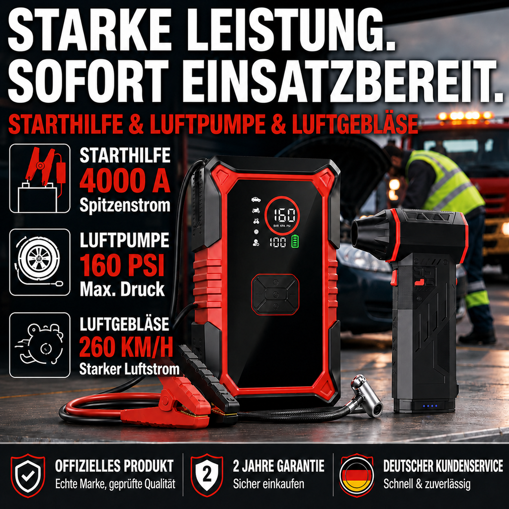 **Auto-Starthilfe mit 160-PSI-Kompressor & Akku-Handstaubsauger**
