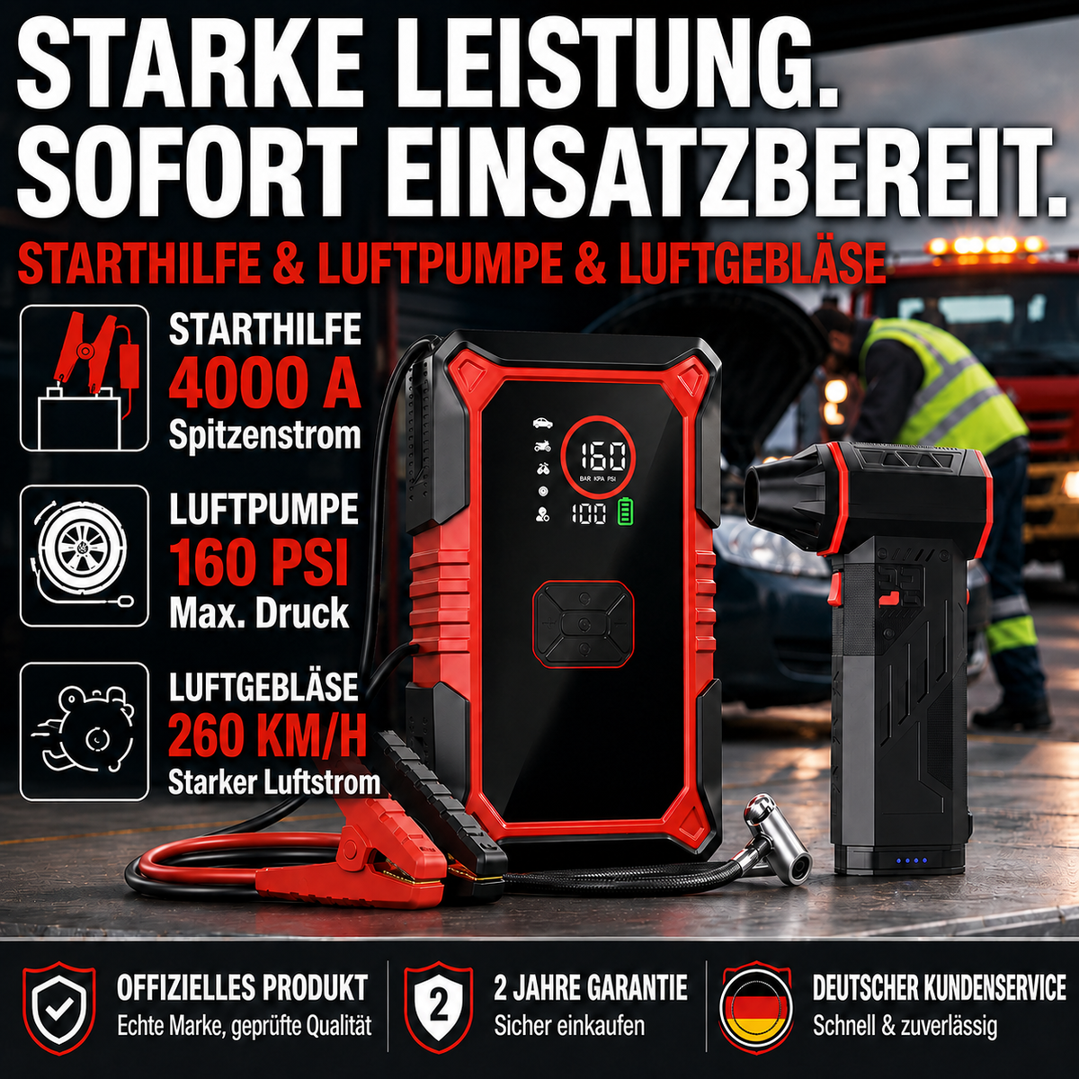 3-in-1 Auto-Starthilfe mit Kompressor & Handstaubsauger