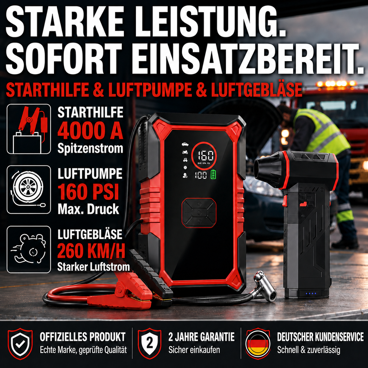 **Auto-Starthilfe mit 160-PSI-Kompressor & Akku-Handstaubsauger**