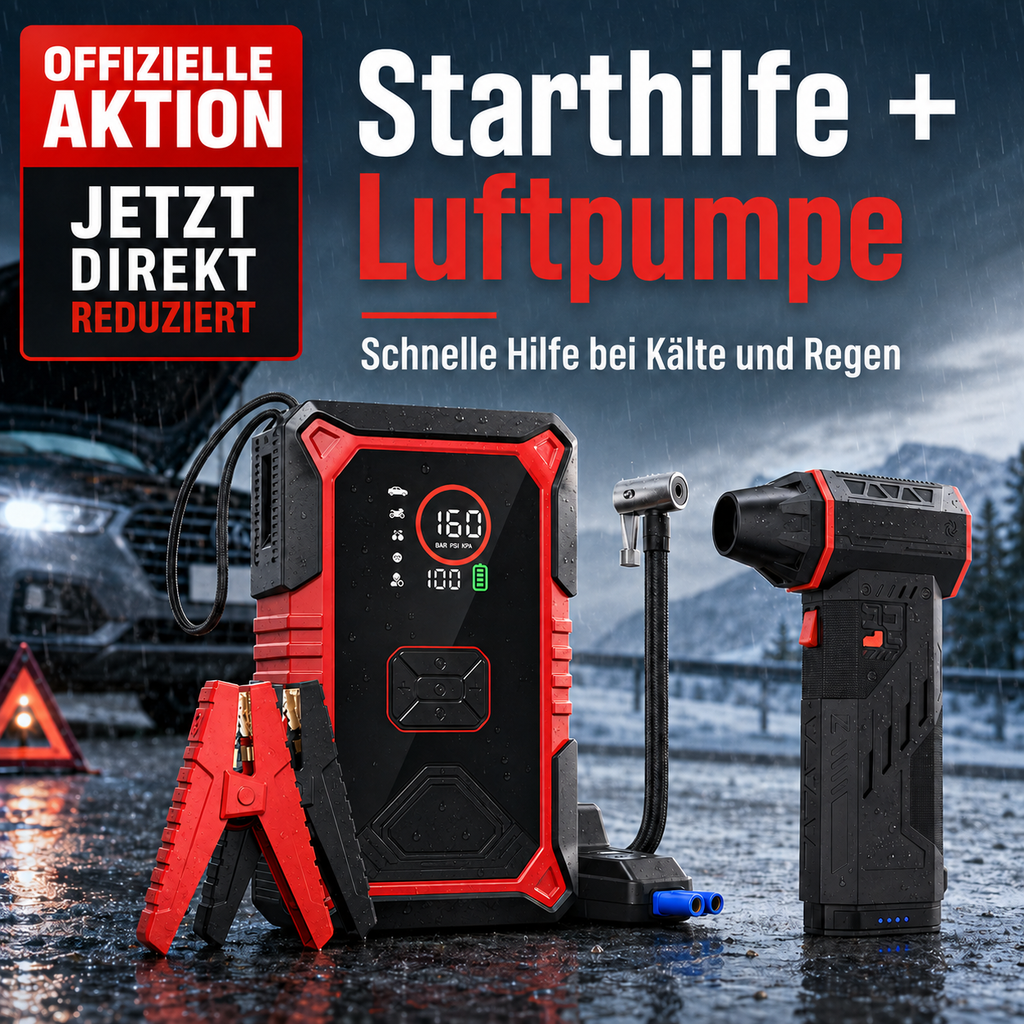 **Auto-Starthilfe mit 160-PSI-Kompressor & Akku-Handstaubsauger**