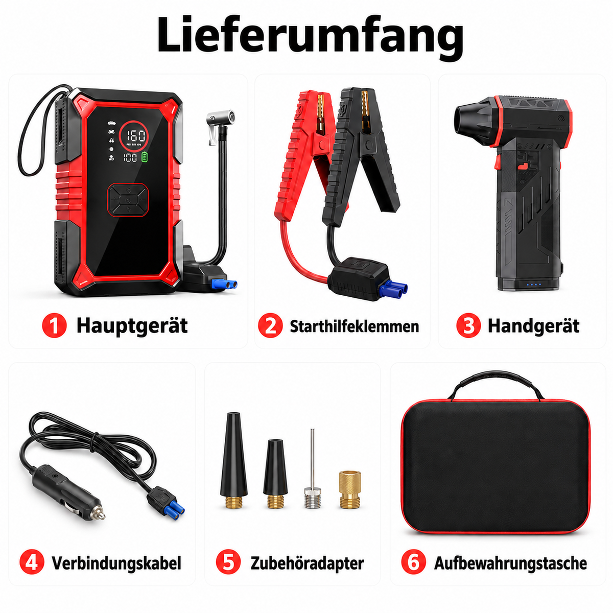 3-in-1 Auto-Starthilfe mit Kompressor & Handstaubsauger